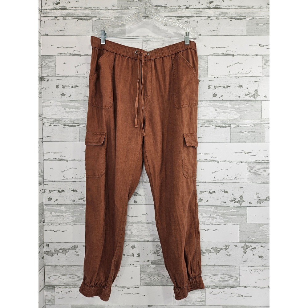 Nicole Miller New York Rust Brown 100% Linen Cargo Jogger Pants Womens XL